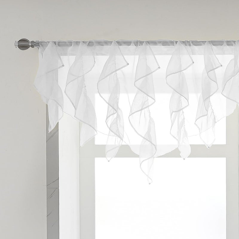 PearAge Ruffled Voile Semi Sheer Curtain Valance, Kitchen Living Room Shabby Chic Ruffle Valance Curtains, Girls Daughters Bedroom Cascade Window Valance 52x26 Inches (White-Triangle) - Image 1